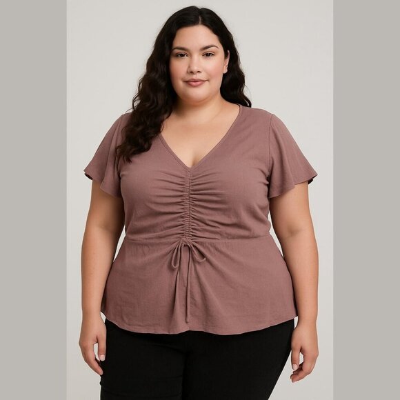 Maurices Women's Size XXL Mauve V Neck Ruched Front Ruffle Short Sleeve Blouse - Picture 1 of 11